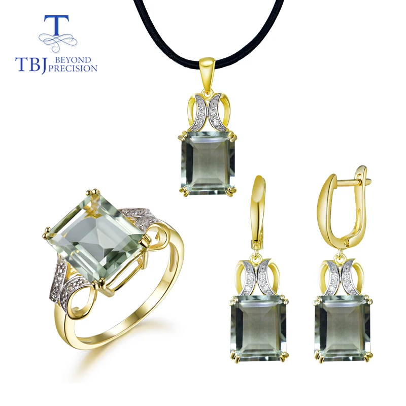 natural green amethyst quartz gemstone jewelry set Ring Necklaces and earrings 925 silver fine jewelry for women with gift box