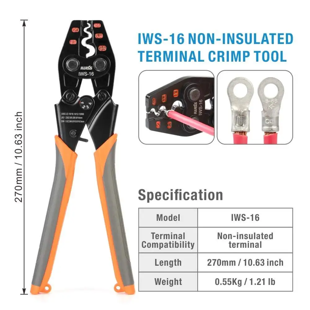 IWISS IWS-16 Ratchet Crimping Tool for Non-Insulated Terminals  from AWG 22-6 with Polished Jaw crimping pliers