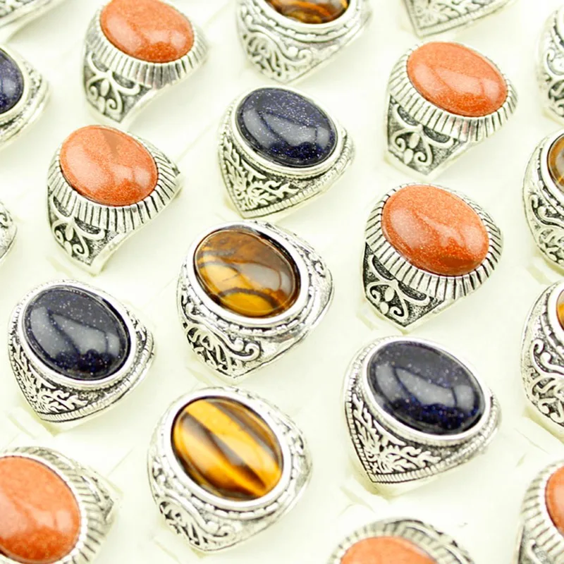 12 Pieces/lot Good Quality Silver Plated Oval Vintage Stone Rings Mix Color Mix Size fashion Jewelry