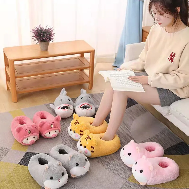 Cartoon Tiger Hamster Home Cotton Slippers Indoor House Plush Flip Flops Shoes Fluffy Fur Pink Pig Slides Women Furry Sandals