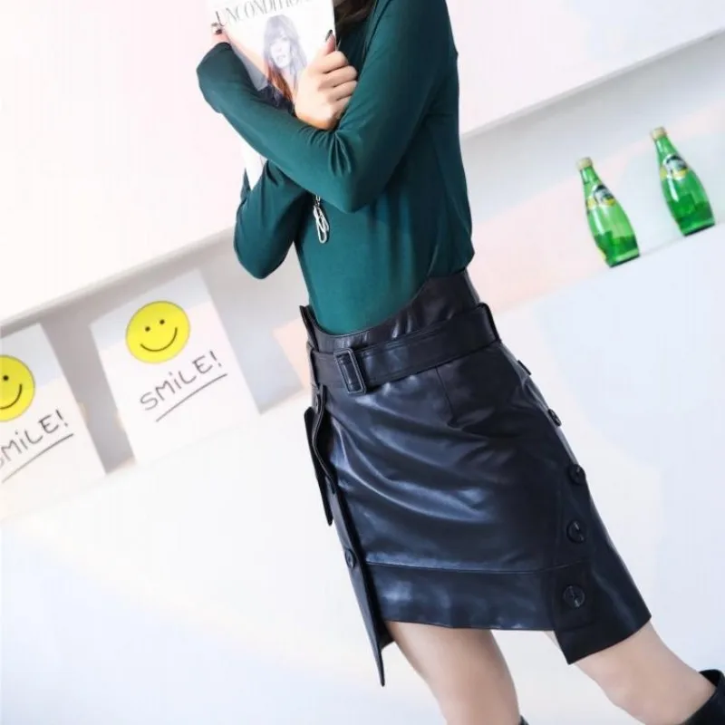 Spring New Women Belted High Waist Asymmetrical Mini Skirt Ladies Moto Biker Buttons Sheepskin Genuine Leather Slim Wrap Skirts