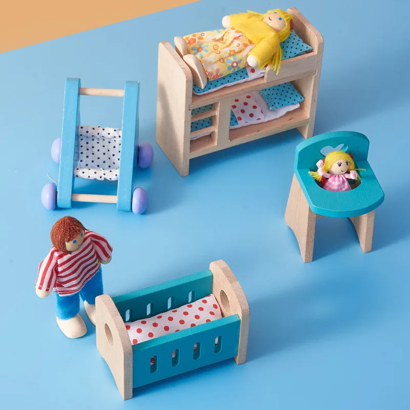 Wooden Dollhouse Colorful Miniature Furniture Set With Dolls Education House Play Toys For Kids Christmas Gifts