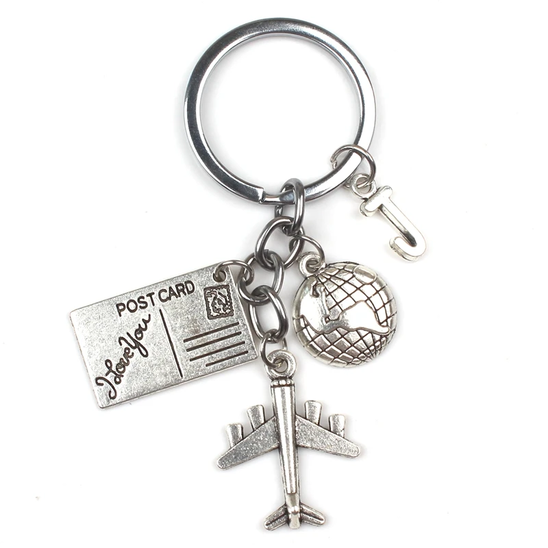 New (A-Z) Letter Personality Custom Postcard Airplane Keychain Earth Pendant Travel Key Chain Friendship Jewelry Gift Keyring