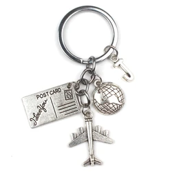 New (A-Z) Letter Personality Custom Postcard Airplane Keychain Earth Pendant Travel Key Chain Friendship Jewelry Gift Keyring