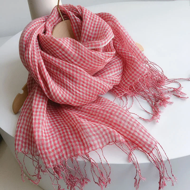 Women Foulard Elegant Stripe Linen Scarf Muslim Hijab Bandana Tassel Long Shawl Beautiful Sun Protection