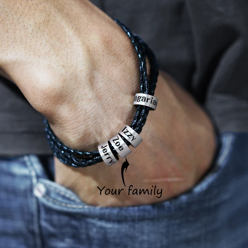 Personalized Mens Braided Genuine Leather Bracelet Stainless Steel Custom Beads Name Charm Bracelet for Men with Family Names