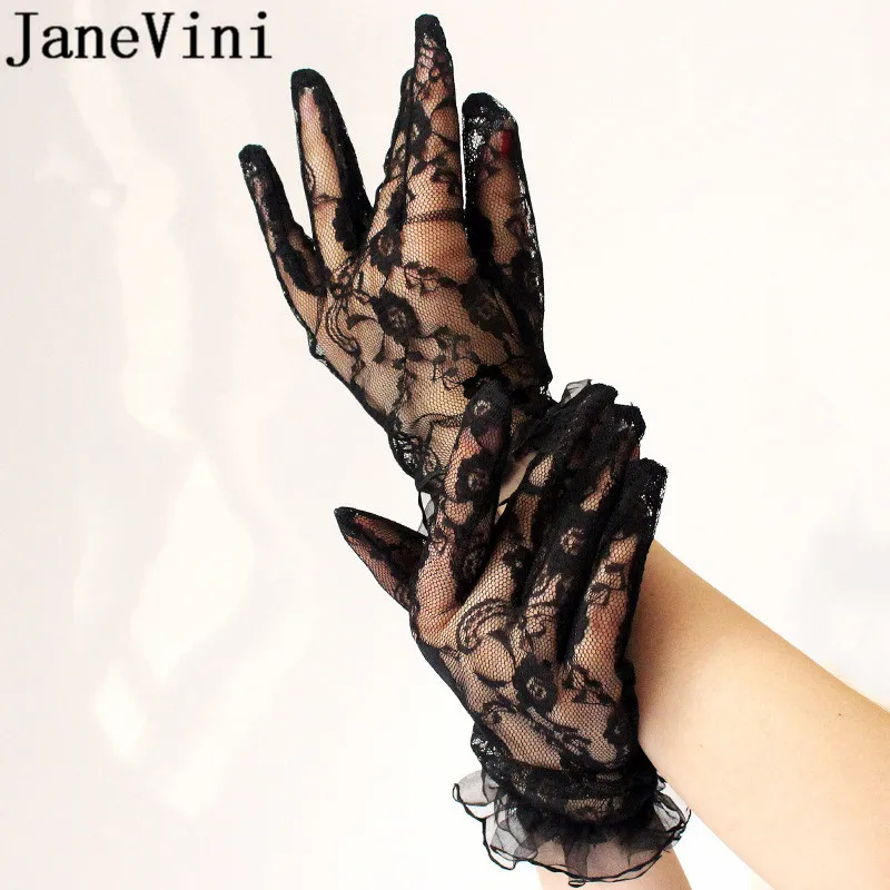 JaneVini Luvas de Noite Preto Sexy Sheer Rendas Dedo Cheio Luvas de Noiva Curto Pulso Comprimento de Casamento Nupcial Luvas gants mariee Novo