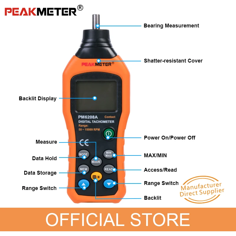 PEAKMETER MS6208A MS6208B High pressional Contact/Non-Contact Digital Tachometer rpm Speed Meter 50~19999RPM Gauge & black Bag