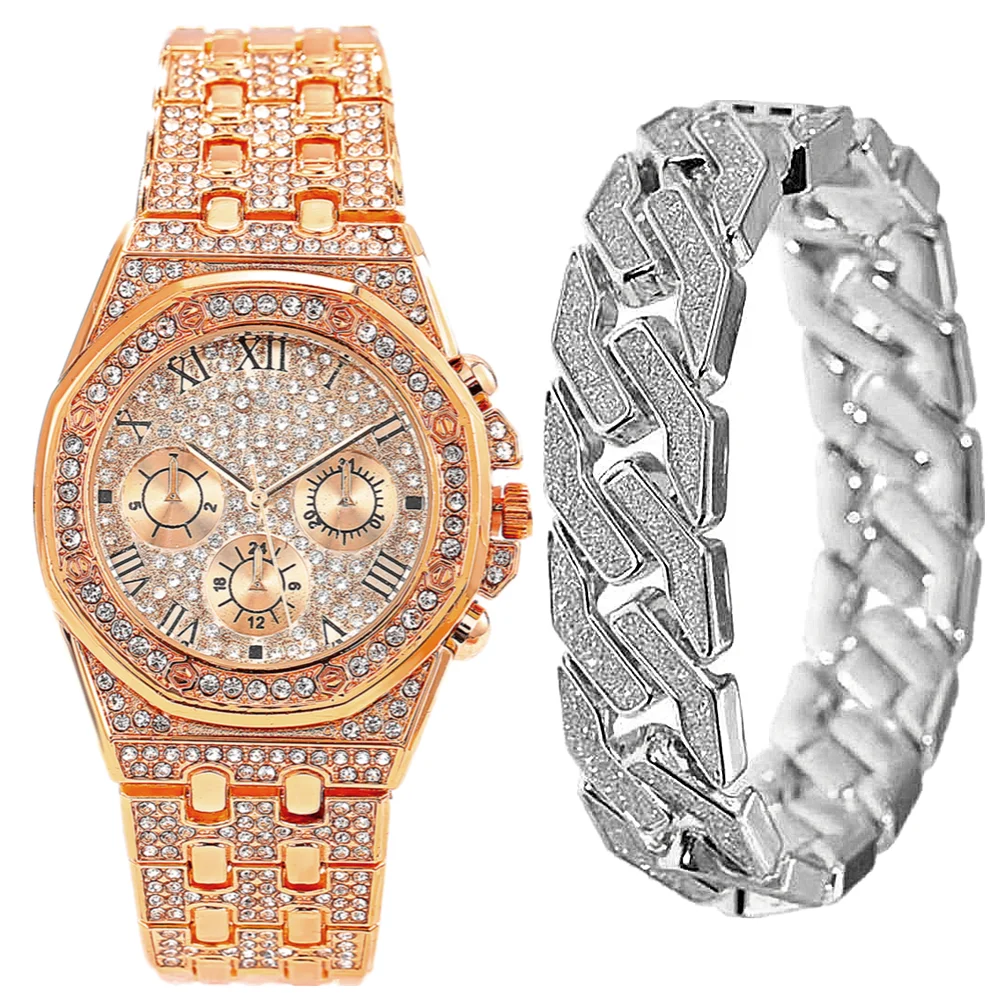 Reloj de pulsera de oro para hombres, mujeres y niños, cadena cubana, Bling Iced Out, marca superior de lujo, Conjunto de reloj, regalo para