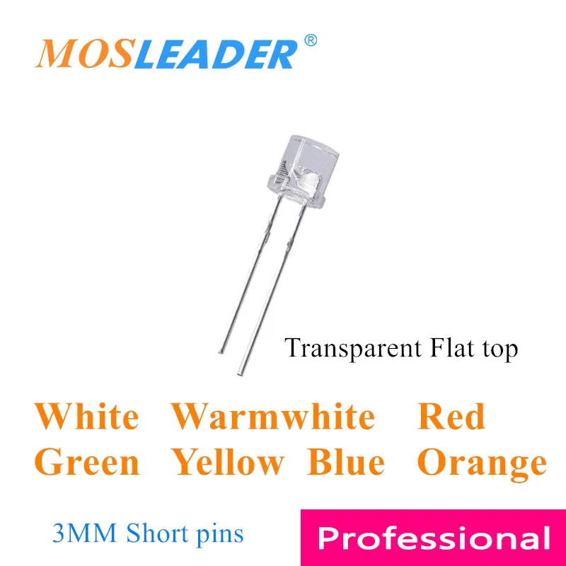 Mosleader Flat top led 3mm 1000pcs White Warmwhite Red Green Yellow Blue Orange Transparent Short pins F3 Top flat LED Diodes