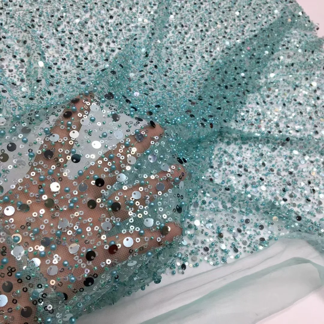 

Latest french lace with full beads TS9736 embroidered tulle lace fabric pretty design with high quality TS9735