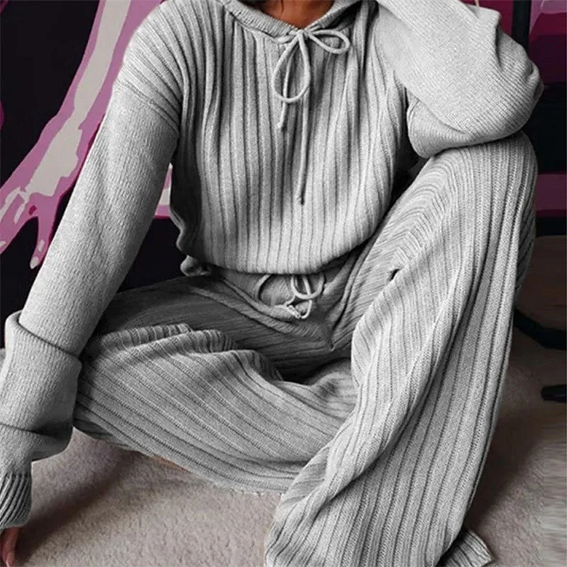 Spring Autumn Knitted Set Women Outfit Long Sleeve Hooded Pullover Top Wide Leg Long Pants 2 Piece Set Women Tracksuit