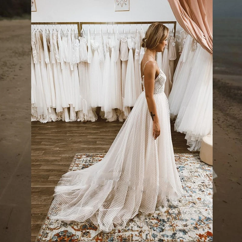 Robe de mariée princesse pour femme, style bohème, rustique, boho, avec train de balayage civil, pour patients, à bretelles spaghetti, élégante, pour la plage