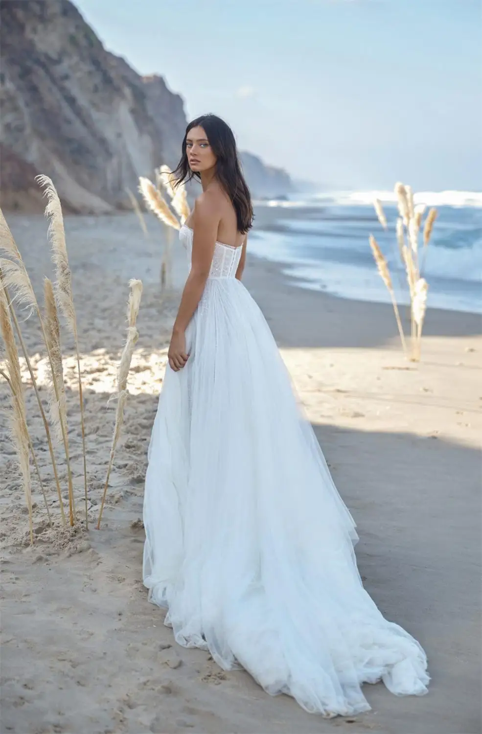 Zachte Tulle Lace Boho Trouwjurk Verwijderbare Lange Mouwen Bruid Jurk 2021 Hoge Split Pleats Beach Wedding Party Jurken Prinses