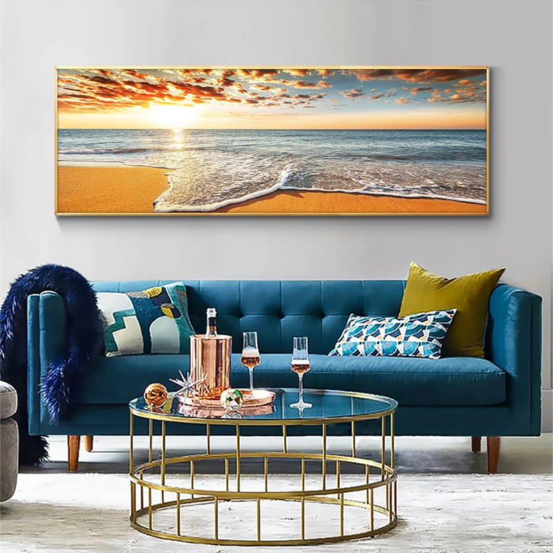 

Natural Gold Beach Sunset Wave Seascape Posters and Prints Canvas Painting Scandinavian Wall Art Picture for Living Room