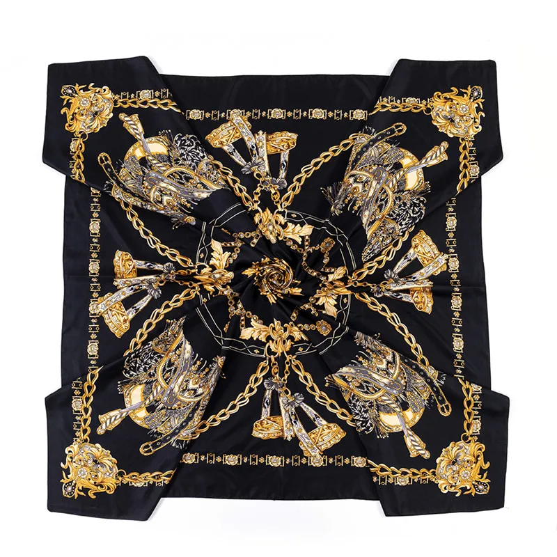 POBING Silk Scarf Women Large Shawls Saddle Chain Stoles Square Bandana Luxury Kerchief Hijab Scarf Female Foulards 130CM