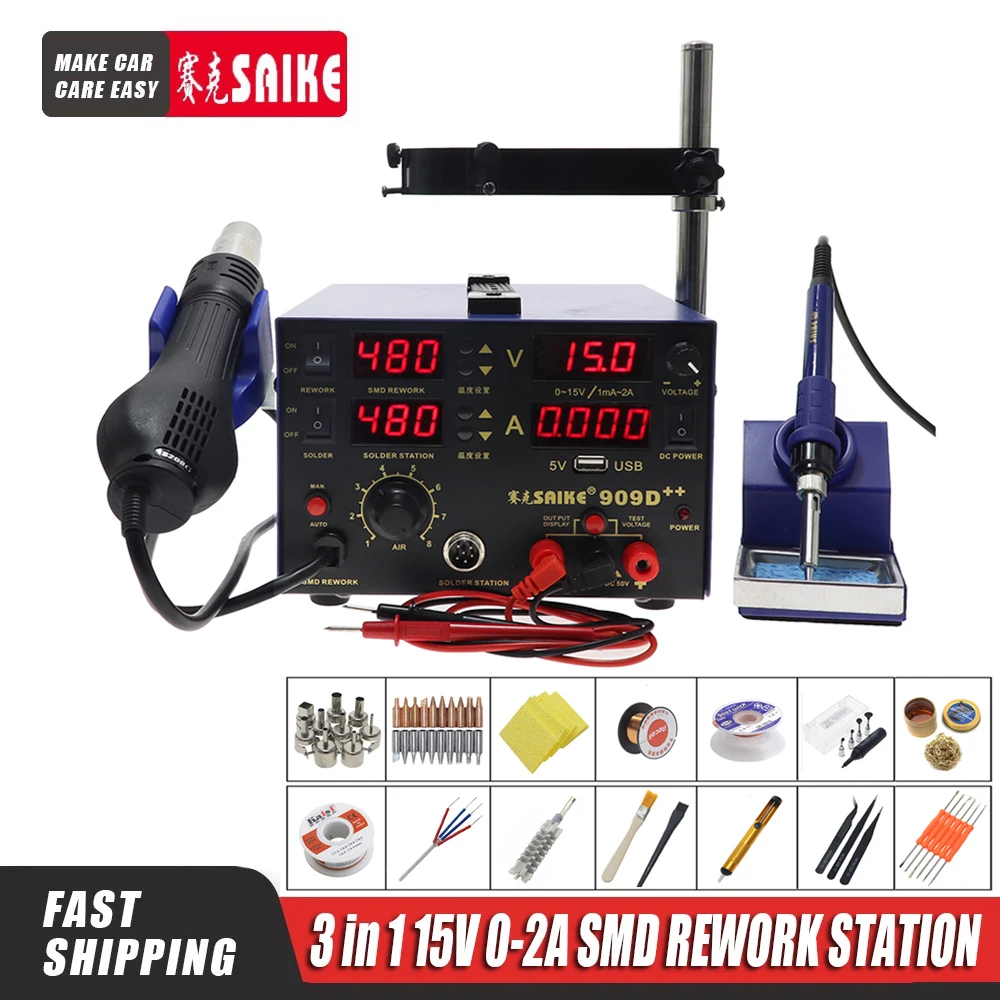 SIAKE-pistola de aire caliente 909D ++, pantalla Digital de alta potencia, estación de soldadura de hierro, fuente de alimentación, estación de retrabajo tres en uno, 0-15V, 0-2A