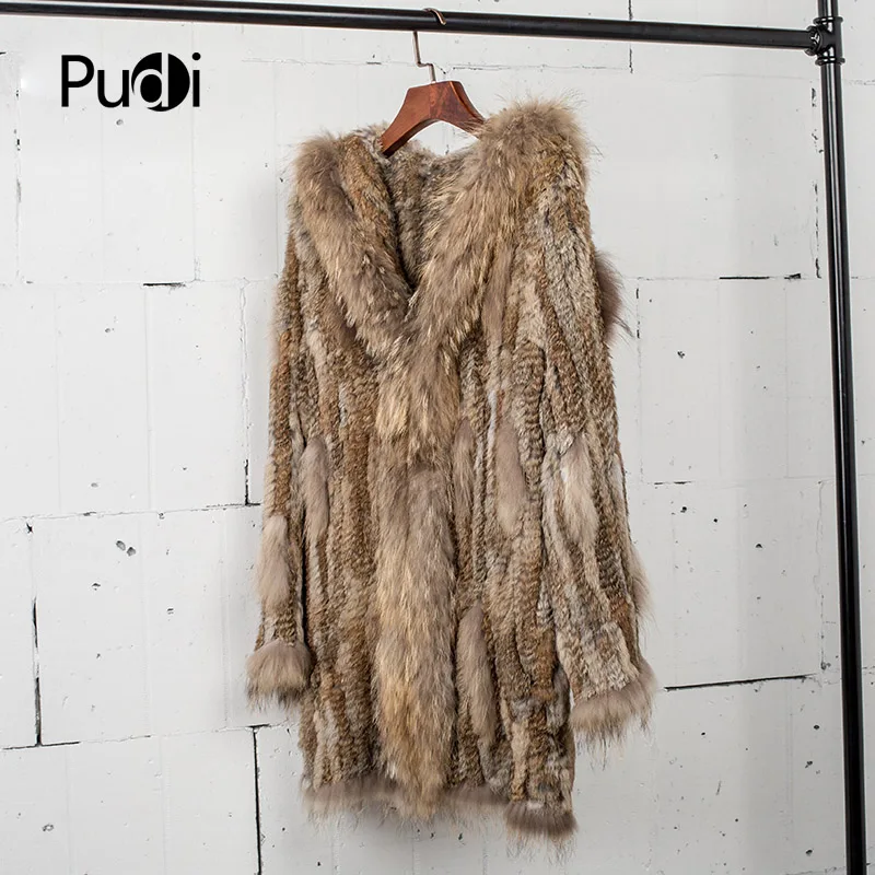 

CT7010 Women Knitted Real Genuinereal Rabbit Fur Coat Overcoat Jackets Garment & Raccoon Collar 80 Cm Length