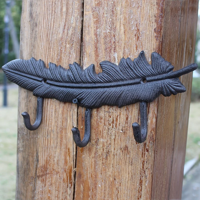 

Vintage Feather Cast Iron Wall Hook With Three Hangers and 1 Hanger In Black Blue Antique Gold Colors European Home Garden Decor