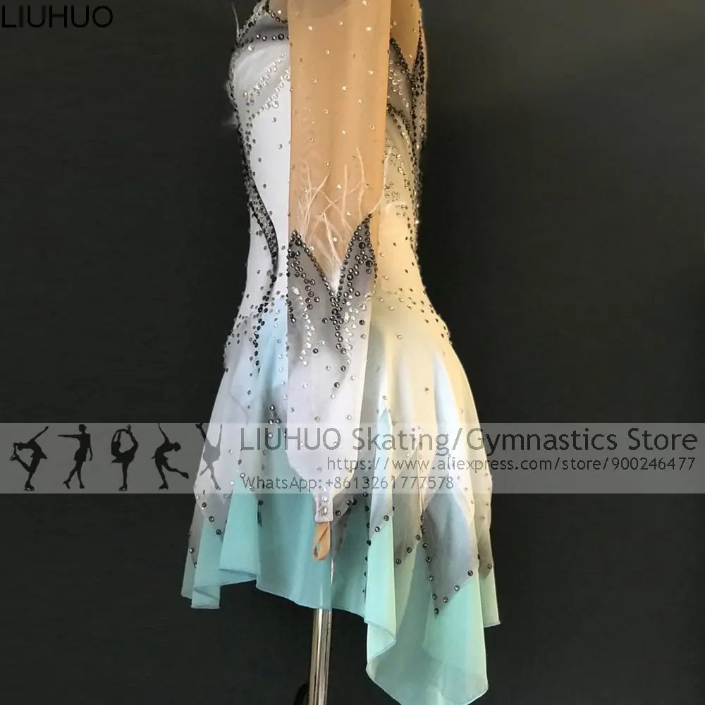 Ice Figure Skating Dress Women Girls White Feather Competition Costumes Teens Skating Dress Female Dancewear Wholesal