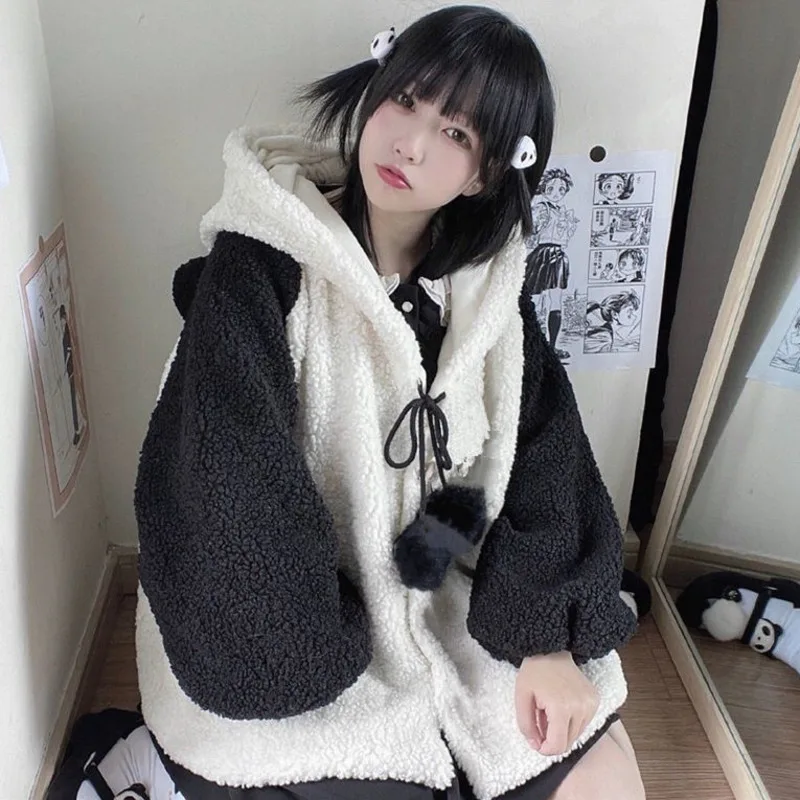 Winter Kawaii Hoodies Women Panda Ears Hooded Sweatshirt Plush Balls Zip-up Loose Cute Sudadera Teenager School Girls JK Clothes