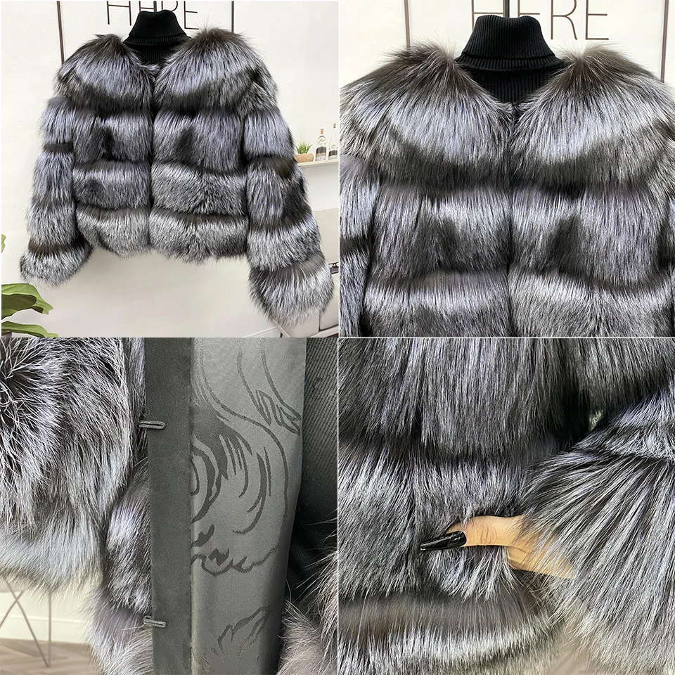 Abrigo de piel de mapache Real con cuello redondo para mujer, ropa de invierno, piel de zorro plateado Natural, chaqueta gruesa esponjosa y cálida,