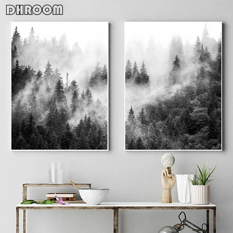 Nature Prints Forest Wall Art Black and White Tree Posters Foggy Forest Landscape Canvas Painting Wall Picture Living Room Decor