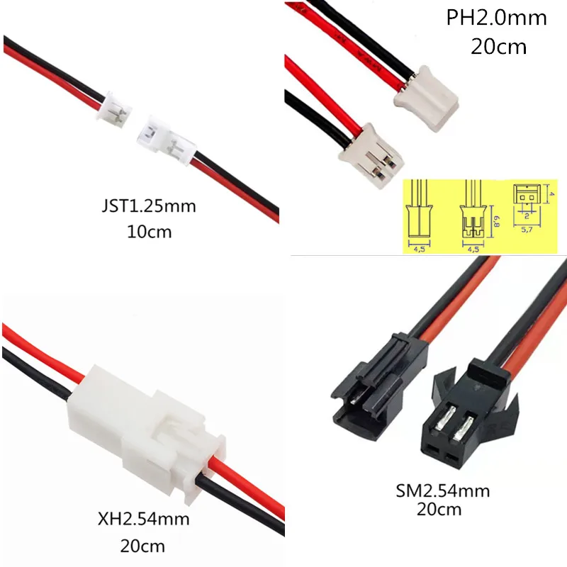 5Pair Mini 2Pin 1.25mm / PH 2.0mm / XH 2.54mm / SM JST Male Plug Female Jack Socket DIY Electrical Wire Terminal Cable Connector