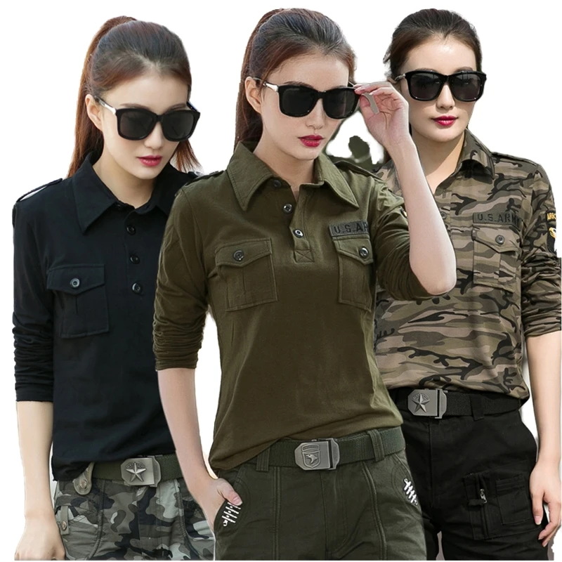 Military Camouflage Long Sleeved T-shirt Women Loose Casual Clothing Military Uniform Cotton Army Green tshirt Tops