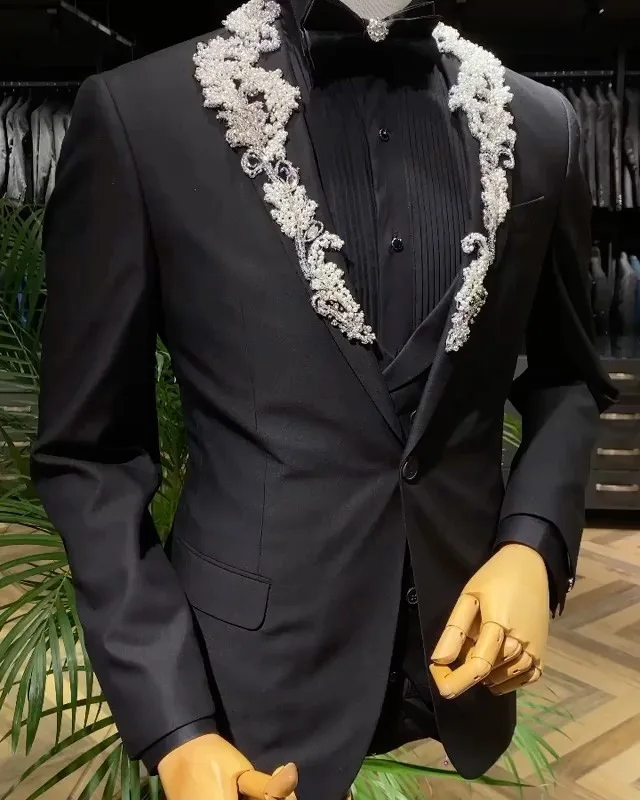 ชุดบุรุษสีดำ Applique Slim Fit Blazer 2Pcs เจ้าบ่าวแต่งงาน Party Prom Custom Made Tuxedos แจ็คเก็ต