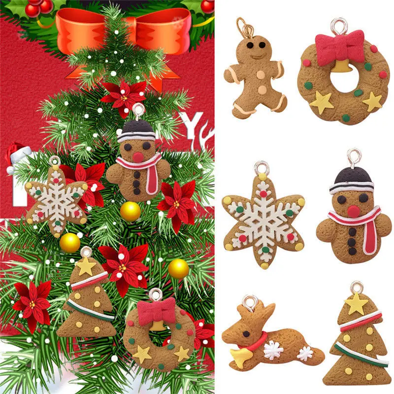 6pcs/lot Mini Gingerbread Man Christmas Ornaments Deer Snowman Chrismas Tree Pendant Decoration New Year Decor Party Supplies