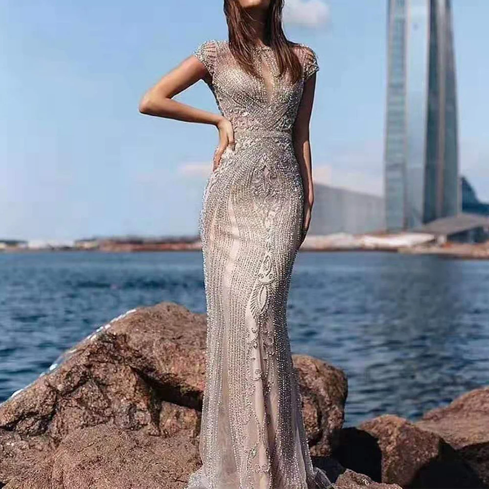 Luxury Mermaid Evening Dresses For Women Eegant Long Beaded Crystal Short Sleeve Prom Gowns Robe De Soiree Fomal Dress Longo