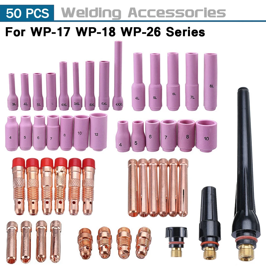 50Pcs TIG Welding Torch Stubby Gas Lens For WP17 WP18 WP26 TIG Back Cap Collet Bodies Spares Kit Durable Practical Accessories