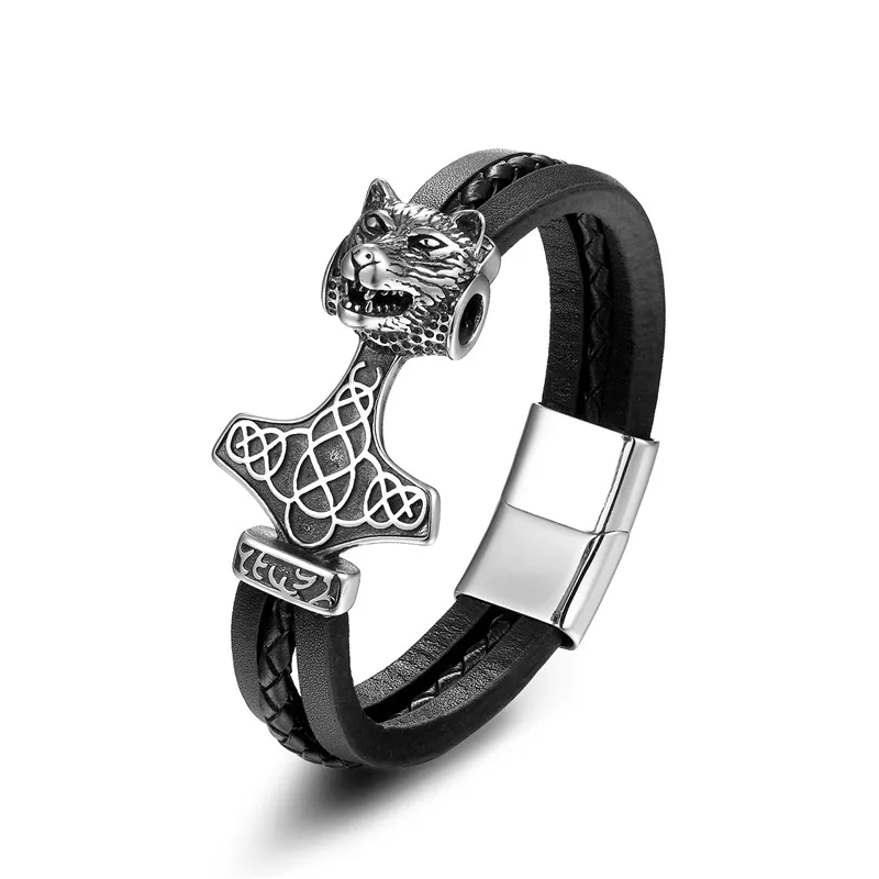 MKENDN Viking Men Stainless Steel Wolf Thor Hammer Leather Bracelet Punk Style Statement Magnet Buckle Bracelet Jewelry Gift