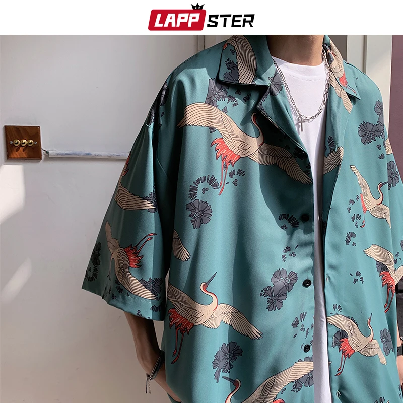 LAPPSTER Y2k Crane Print Shirts Harajuku Tracksuits 2023 Summer Vintage Button Up Short Sleeve Shirts Korean Suit Set Shorts