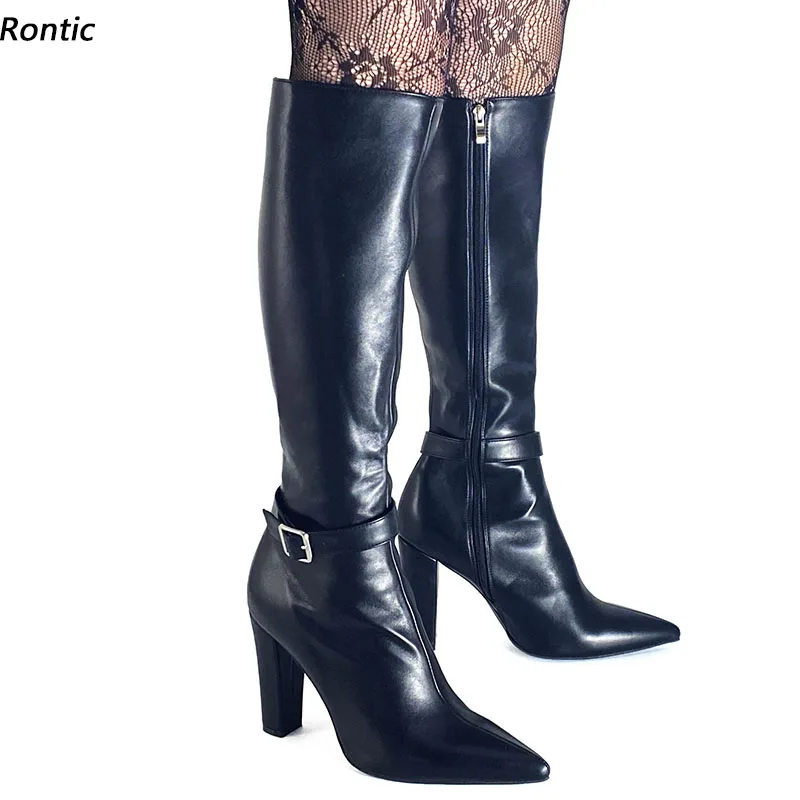 

Rontic Handmade Italian Style Women Winter Knee Boots Full Zipper Buckle Chunky Heeled Pointed Toe Black Casual Shoes Size 35-47