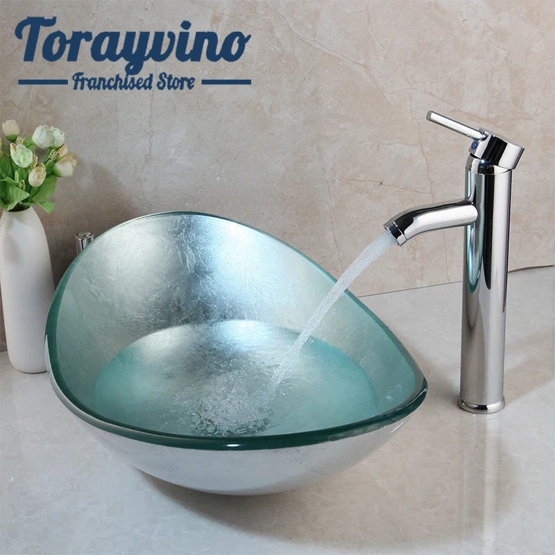 

Torayvino Oval Bathroom Washbasin Countertop Tempered Glass Basin Sink Faucet Set Brass Faucet Washroom Vessel Vanity