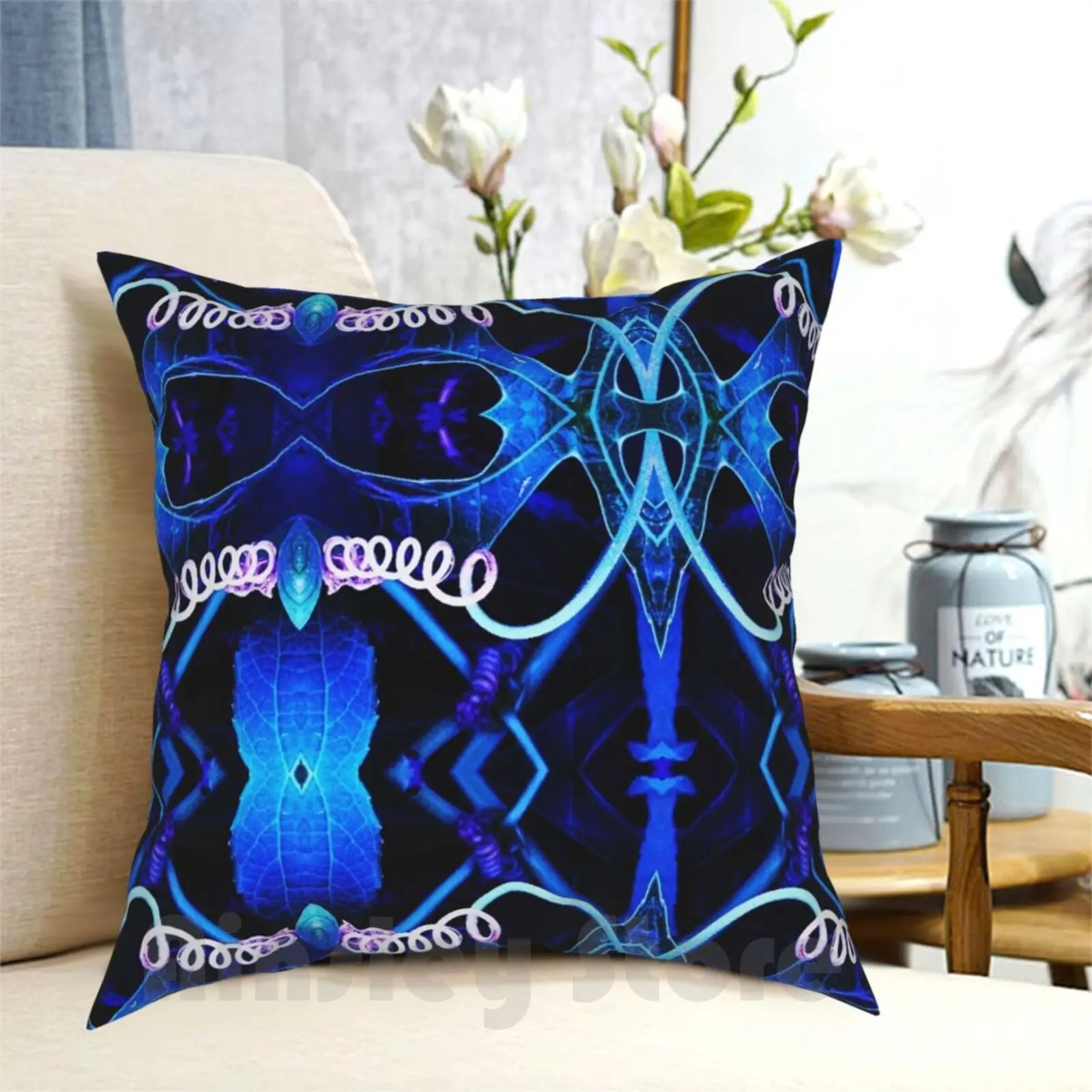 Indigo Mask-Macro Pillow Case Printed Home Soft Throw Pillow Vines Spirals Leaves Florals Indigo Blue Dark Blue Design