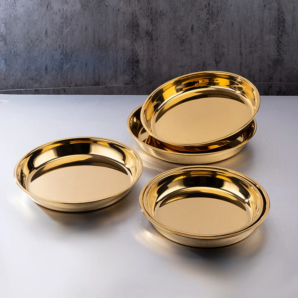 Golden Stainless Steel Disc Cold Skin Cake Plate Rice Rolls Steamed Plate Flat Bottom Household Pastry Fruit Snack Tray