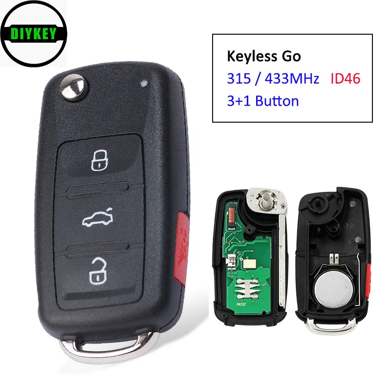 

DIYKEY Keyless Go Function Flip Remote Car Key Fob 3 +1 Button 315MHz / 433MHz ID46 Chip for VW Volkswagen Touareg 2002-2010