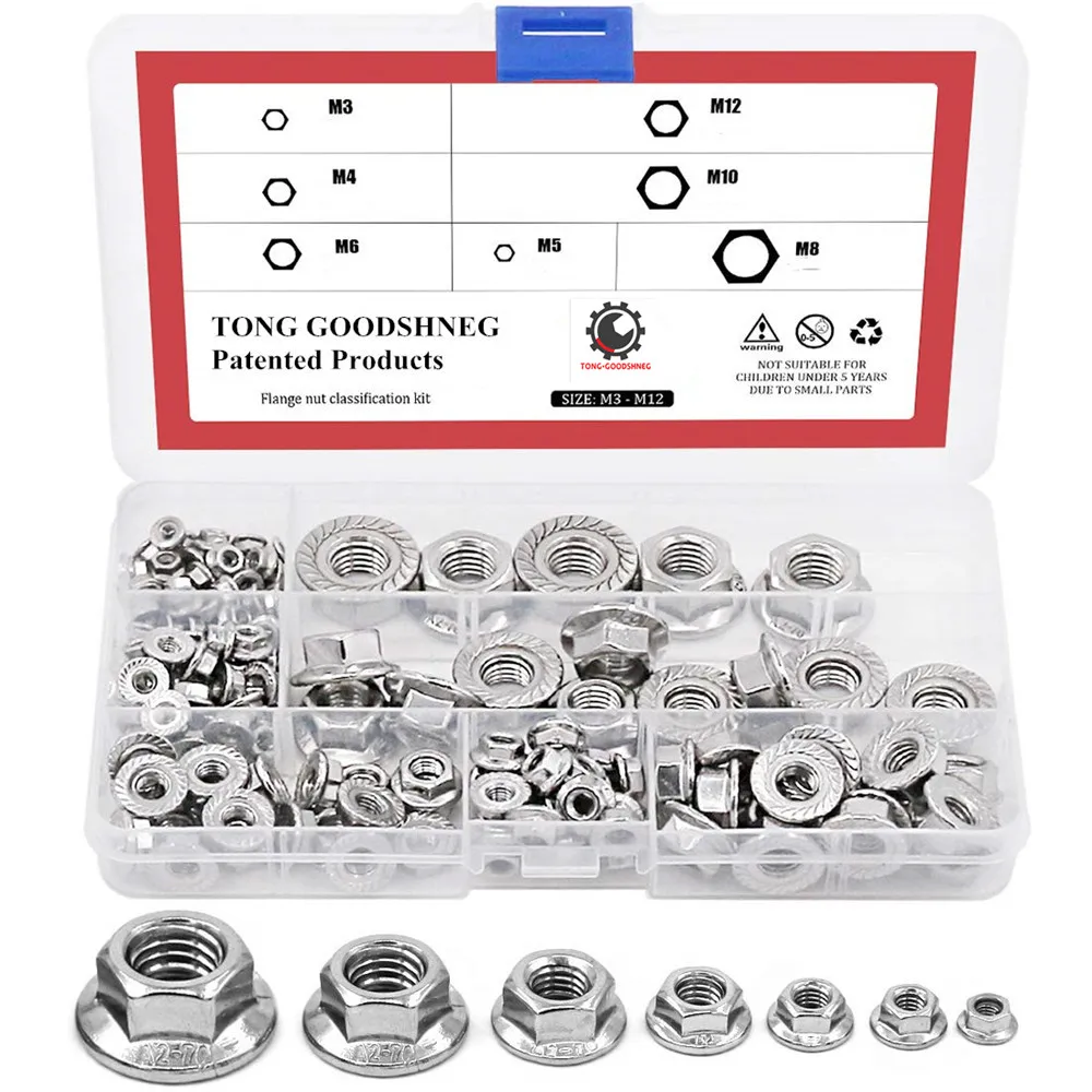 M3 M4 M5 M6 M8 M10 M12 Hex Flange Nuts Assortment Kit 304 Stainless Steel Fasteners 7 Sizes,Corrosion Resistant Hardware