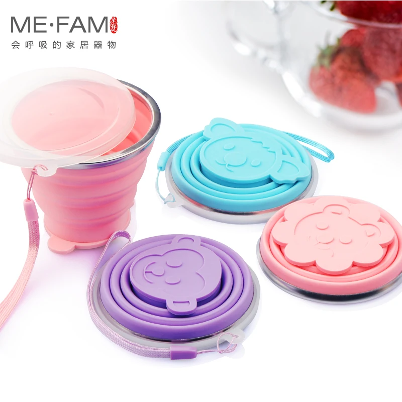 New Cartoon Animal Stainless Steel Silicone Collapsible Cup With Lid Drinking Outdoor Activity Water Travel Children Folding Cup