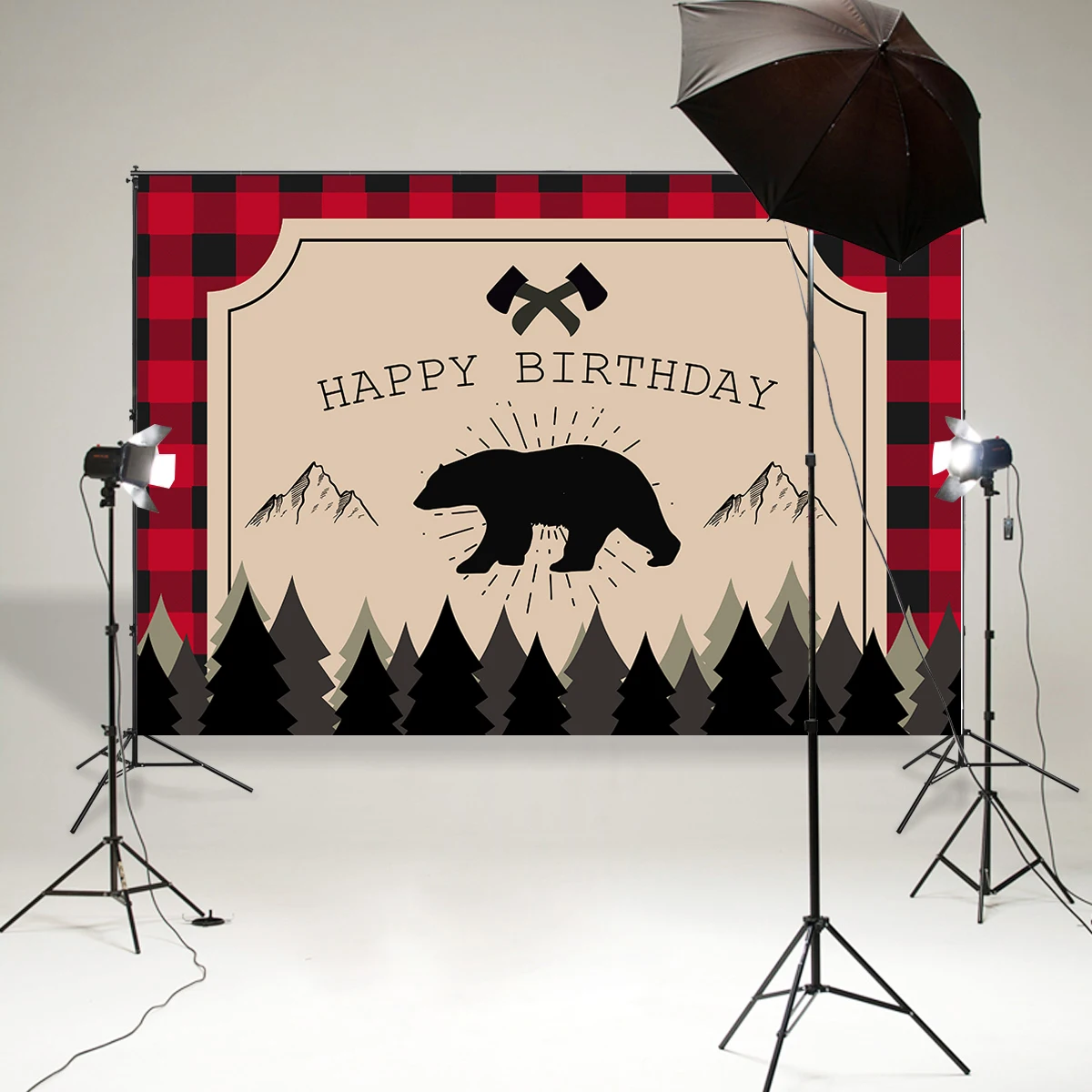 Lumberjack 1st วันเกิดเด็กสีแดงสีดำ Buffalo ลายสก๊อต Camping ผจญภัย Tribal Party Table Decor แบนเนอร์พื้นหลัง