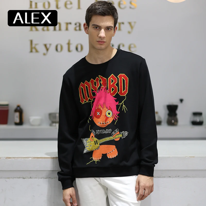 

Alex Plein Sweatshirt Men 100% Cotton Cartoon Rhinestones Funny Streetwear One Piece Man Clothing Oversized Leisure Wear Fashion