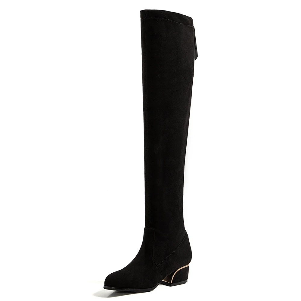 Round Toe Metal Heel Over The Knee Stretch Boots Thick Heel Zipper Stretch Fabric And Leather Velvet Long Boots