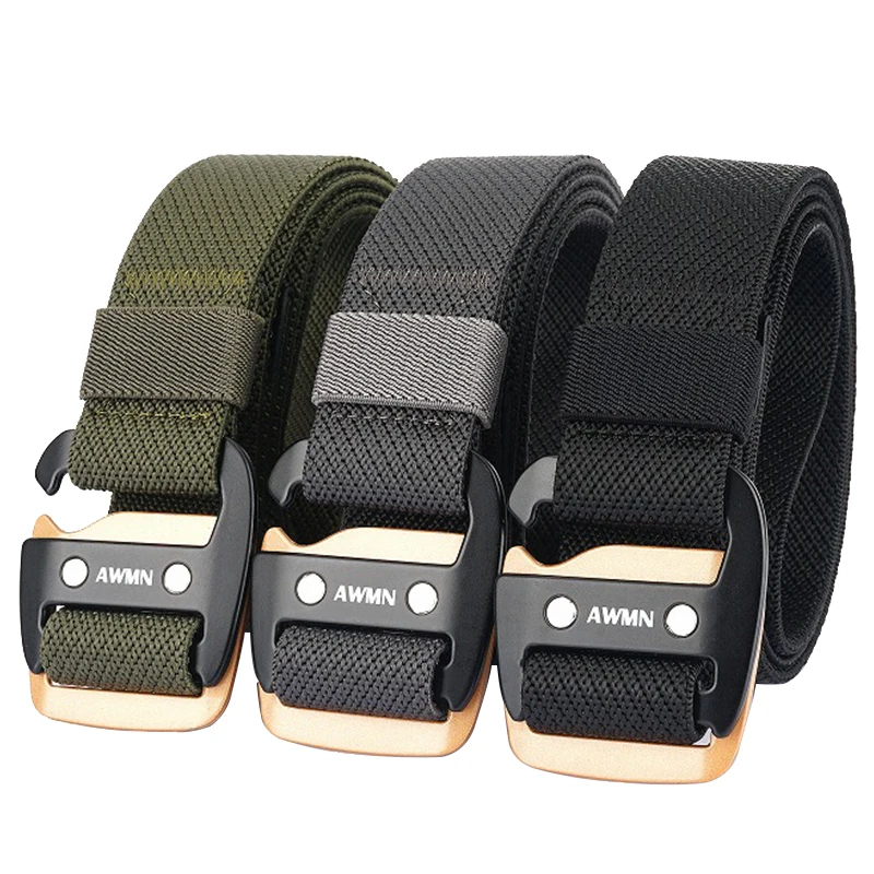 HSSEE 3.4cm Elastic Belt for Men and Women Gold Metal Buckle Brown Casual Belt Tight Nylon Stretch Jeans Waistband Girdle Male