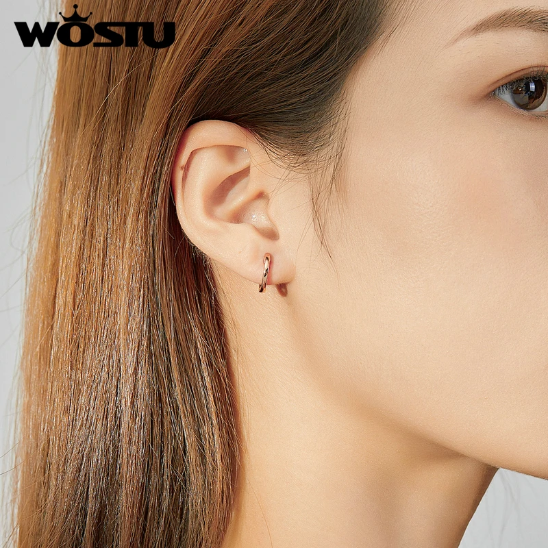 WOSTU Real 925 Sterling Silver Simple Rose Gold Hoop Earrings For Women Wedding Earrings Fashion Silver Jewelry CQE808-C