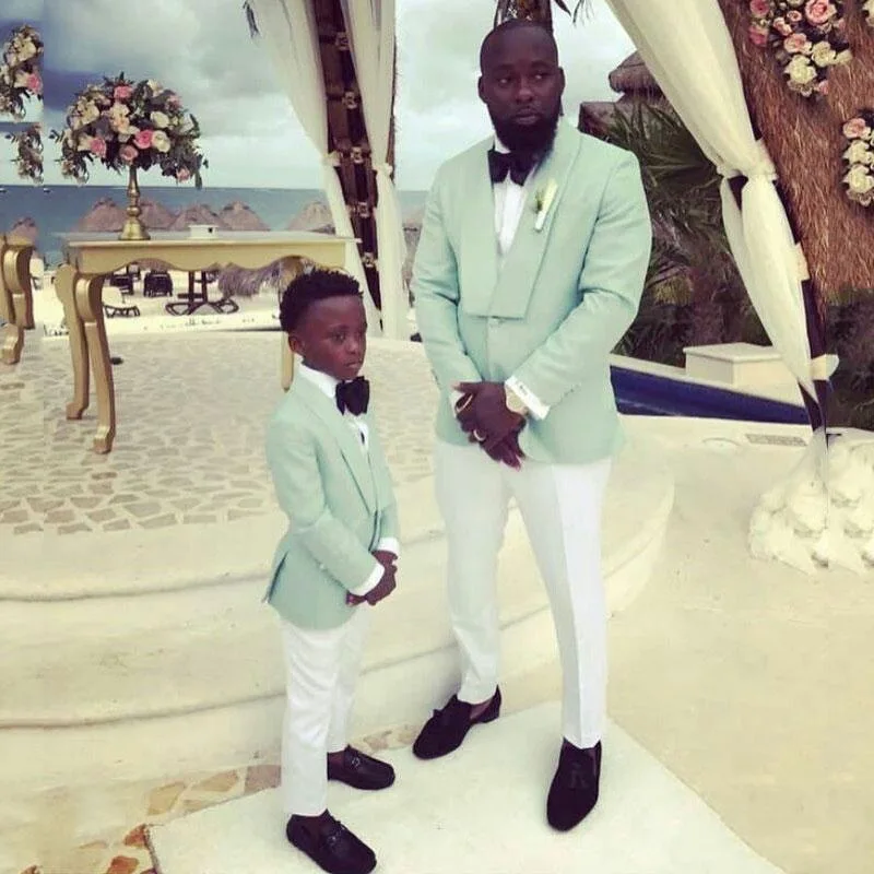 

2021 Mint Green 2 Pcs Mens Tuxedo Groom Suits Men for Wedding Boy Suits Best Man Blazer White Pants Prom Party Terno Masculino