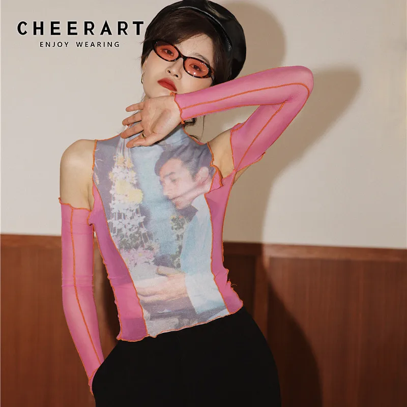 CHEERART Designer Mesh Top Long Sleeve Tshirt Turtleneck T Shirt Women See Through Top Tee Shirt Femme Summer Fashion 2020