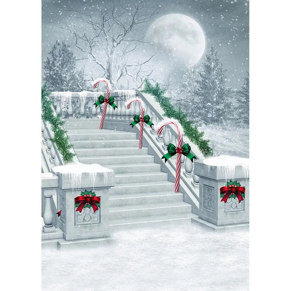 Stairs Full Moon Trees Snow Christmas Decors Photographic Backdrop Vinyl Background for Baby Children Party Photocall Fond Photo